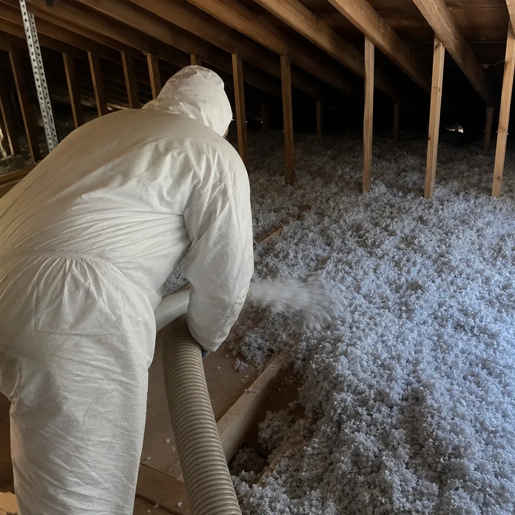 Professional blowing loose-fill insulation into an attic space