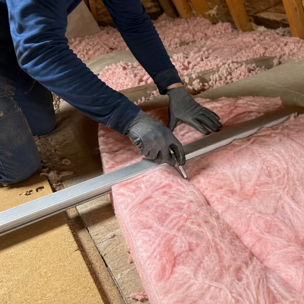 Contractor using a utility knife to cut pink fiberglass attic insulation